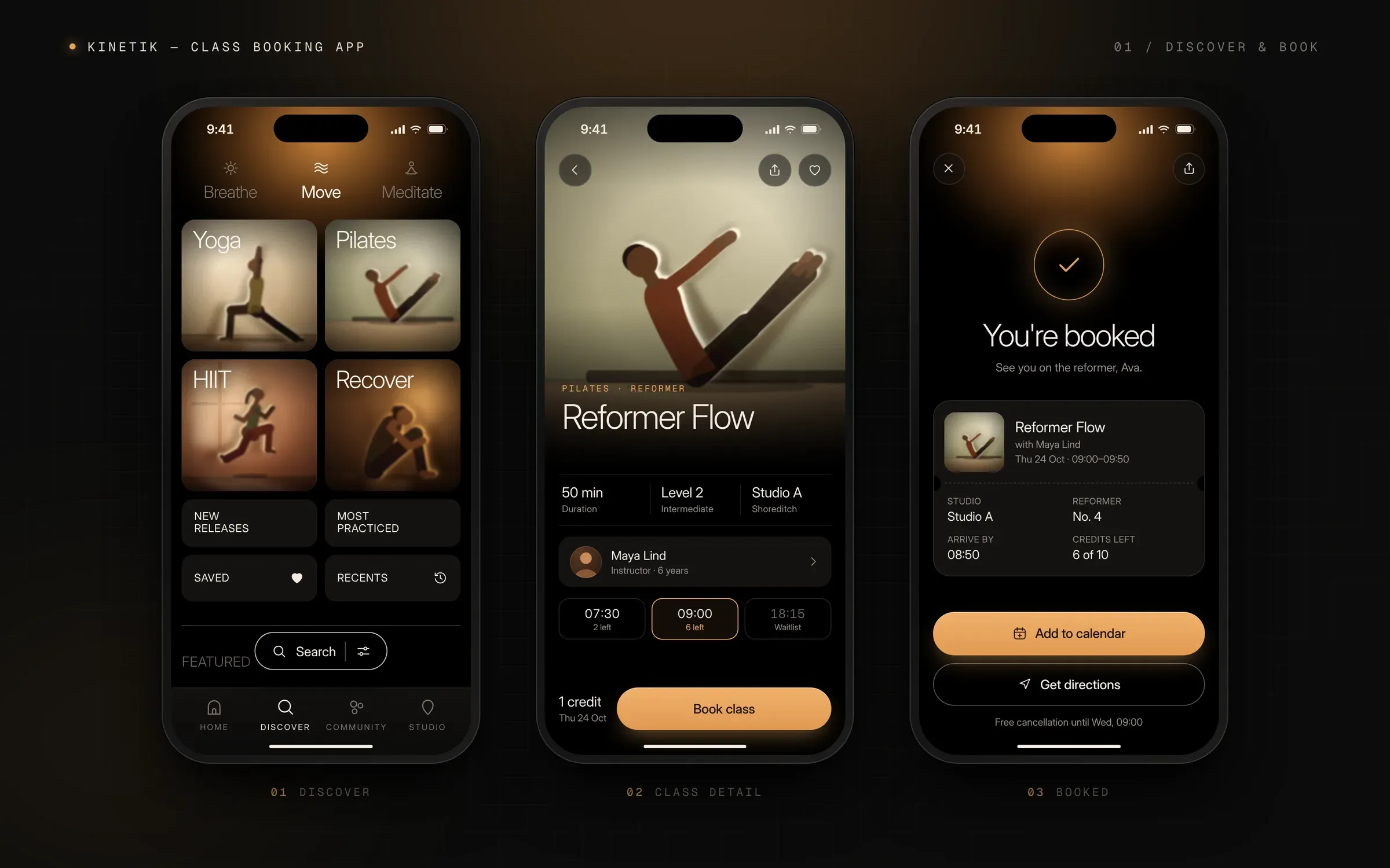 Three phone screens of the Kinetik app on black with a warm amber glow: a Discover screen with Yoga, Pilates, HIIT and Recover photo tiles, the Reformer Flow class page with a Book class button, and a You're booked confirmation with Add to calendar.