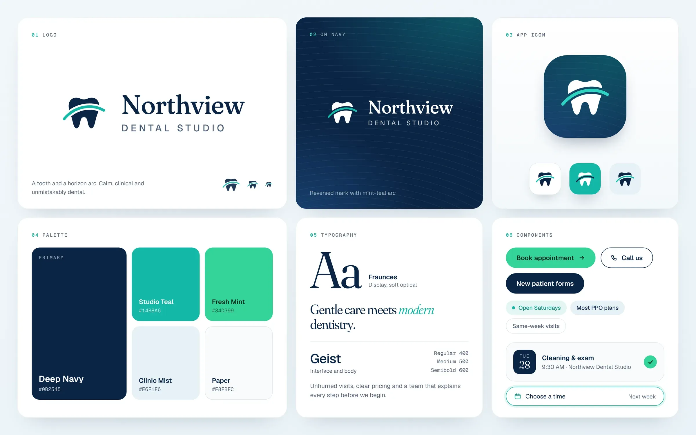 Northview Dental Studio brand board with the tooth-and-arc logo on white and on navy, the app icon, a navy, teal and mint palette, Fraunces and Geist type, and button and appointment card components.