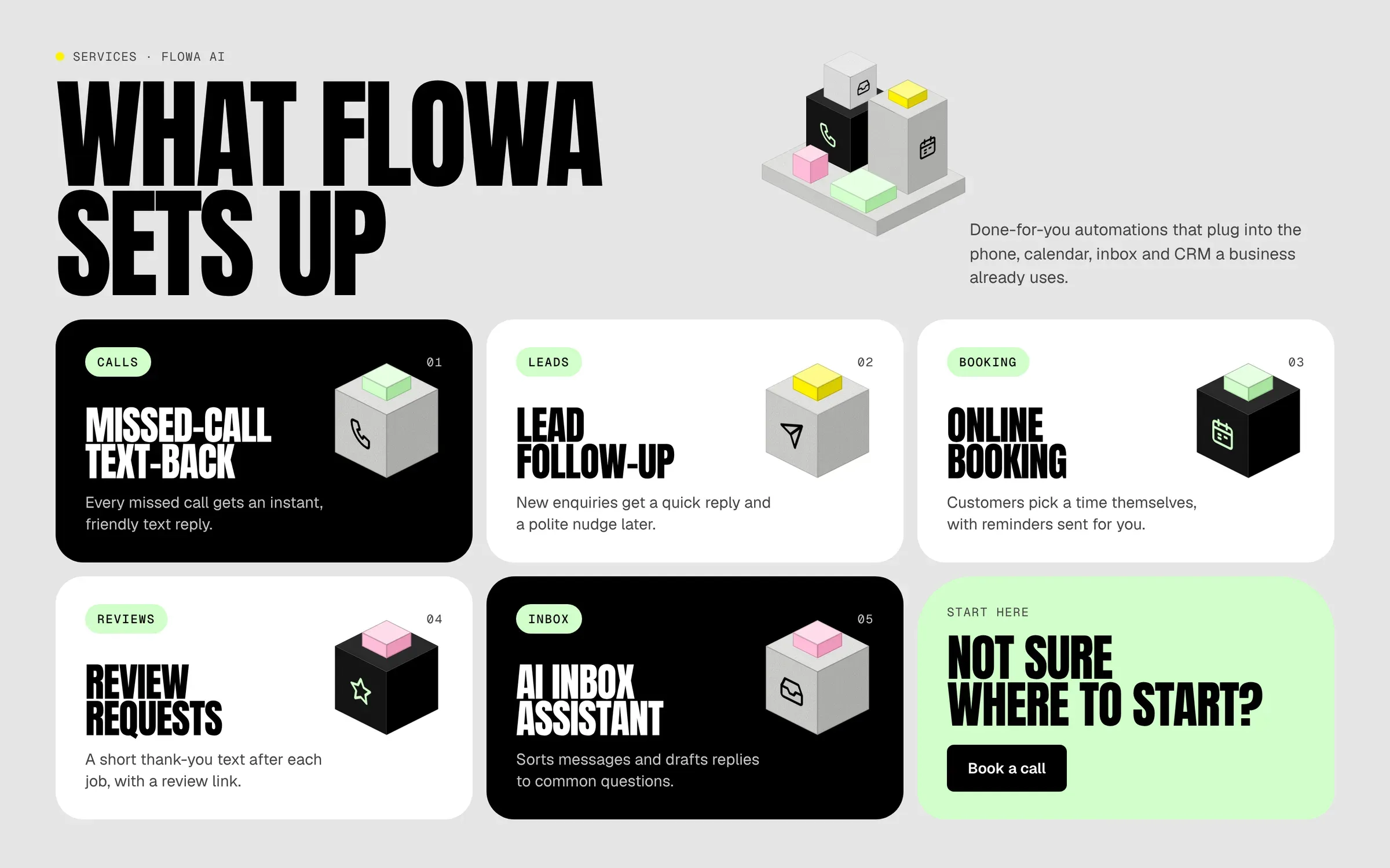 标题为 What Flowa sets up 的服务网格，包含未接来电自动回短信、潜在客户跟进、在线预约、邀请评价和 AI 邮箱助手的卡片。