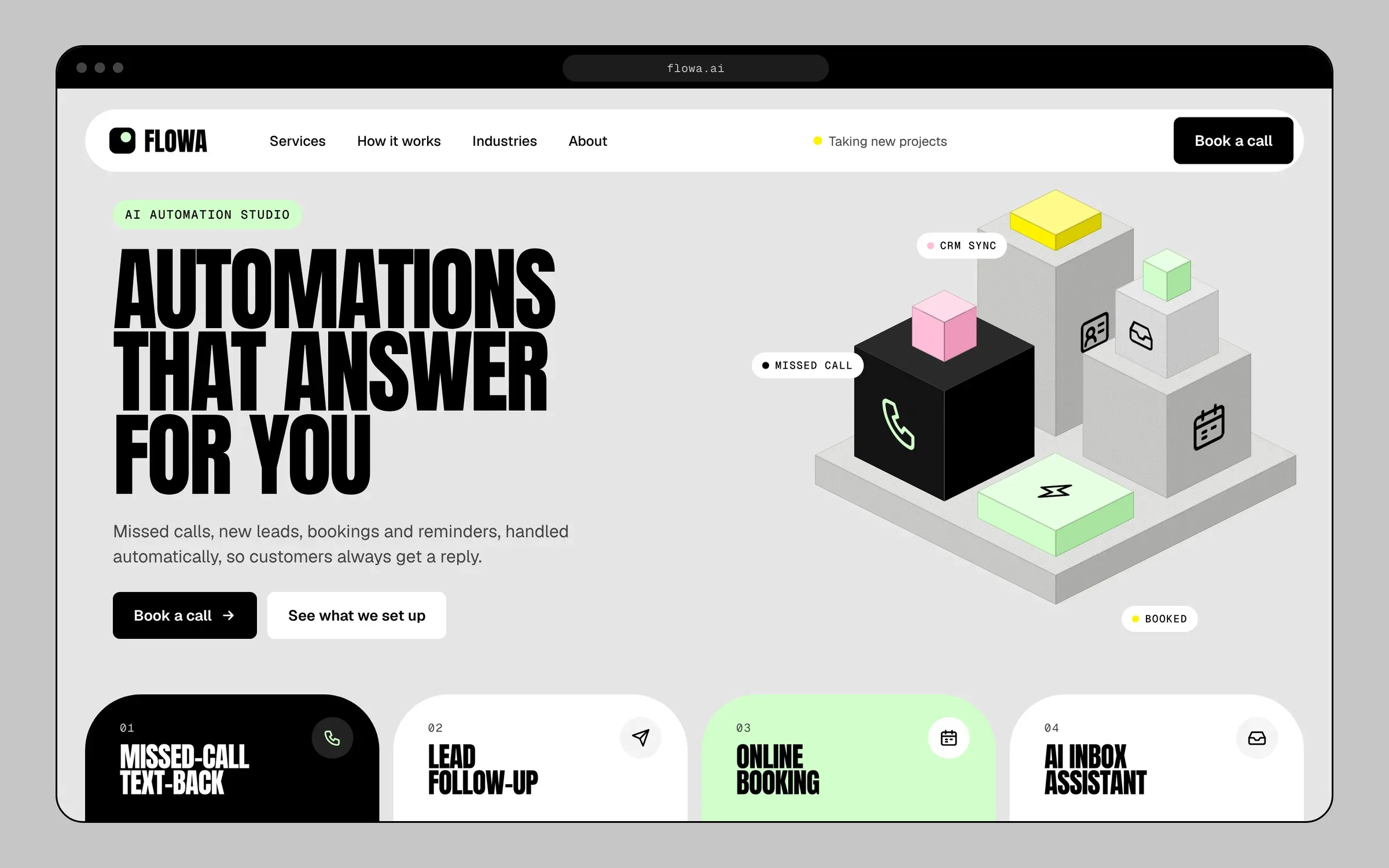 桌面浏览器中的 Flowa AI 首页，标题为 Automations that answer for you，有一个 Book a call 按钮，以及一组标有电话、日历、收件箱和 CRM 图标的 3D 方块。