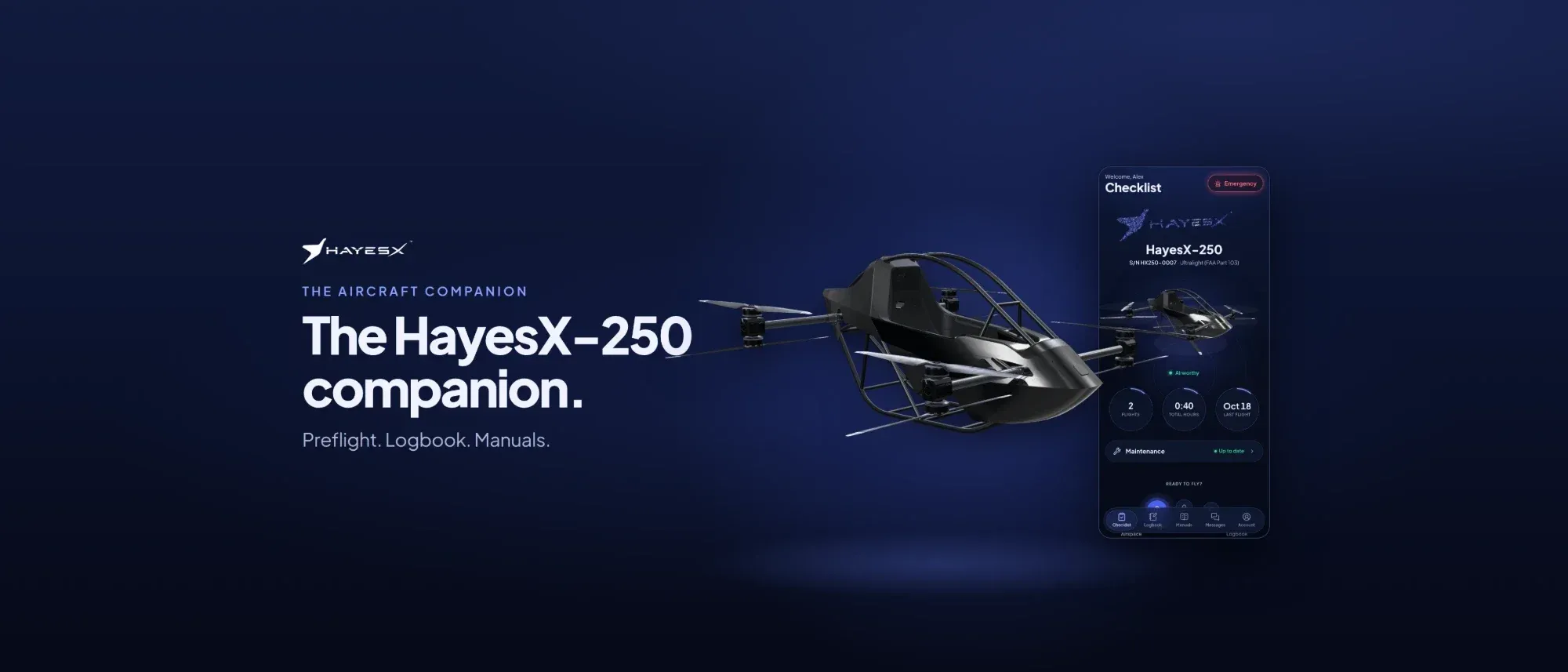 HayesX 飞行员配套应用停留在检查清单页面，旁边是 HayesX-250 飞行器