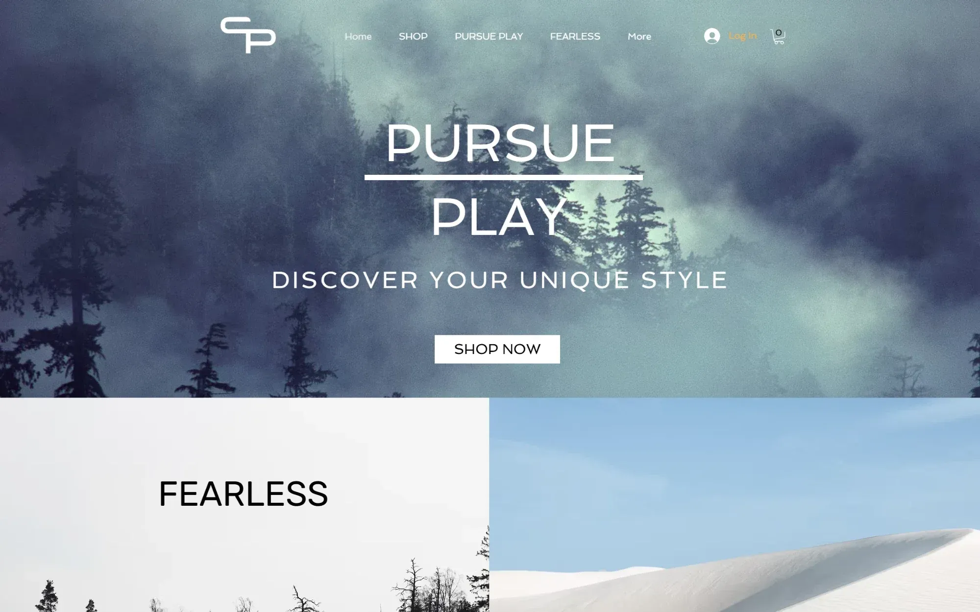 Pursue Play 首页：雾气弥漫的森林首屏，Pursue Play 字标、Discover your unique style 标语和 Shop now 按钮。